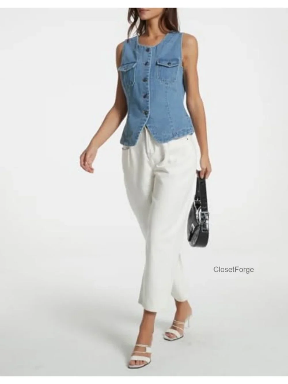 Women's Sleeveless Denim Vest Button Down Crewneck Casual Summer Western